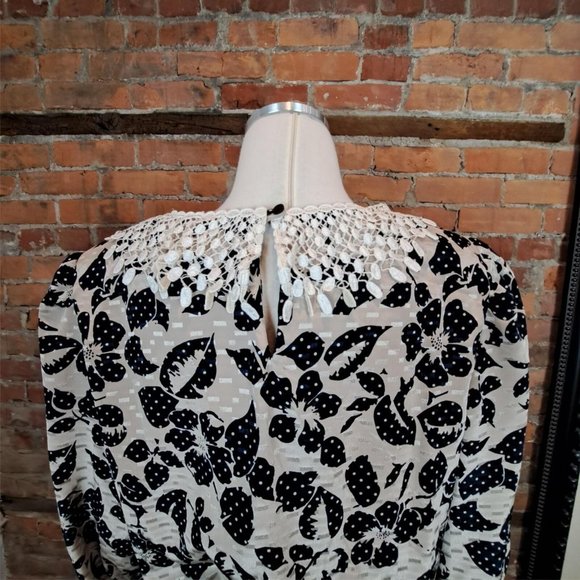 Vintage Lady Carol Dress 1980s Navy Tan Floral Crochet Collar Matching Belt XL - Picture 5 of 8